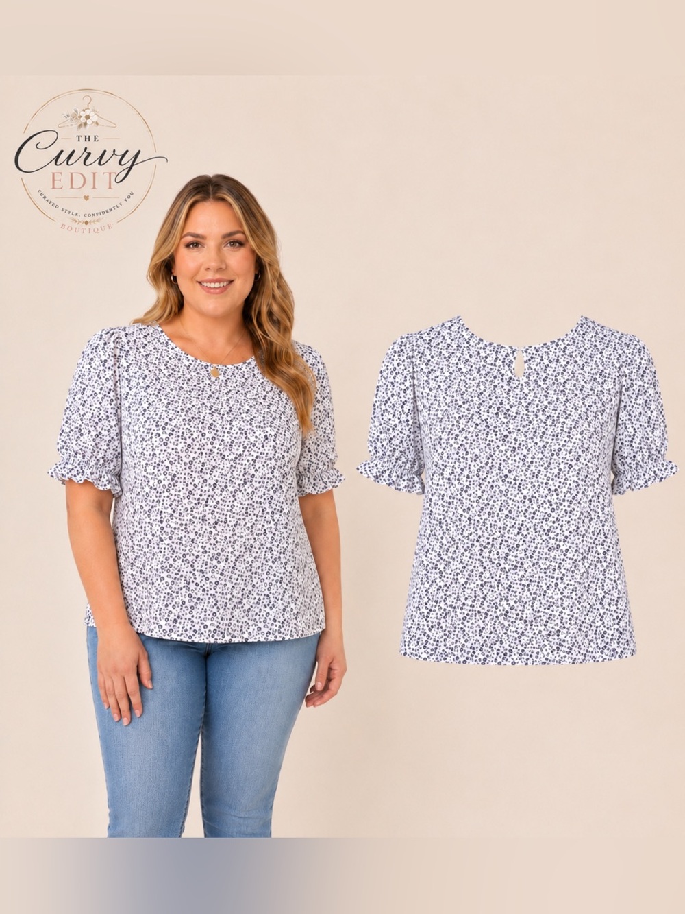 Dokotoo Relaxed Coquette Cottagecore Blue and White Floral Puff-Sleeve Top L - Picture 1 of 11